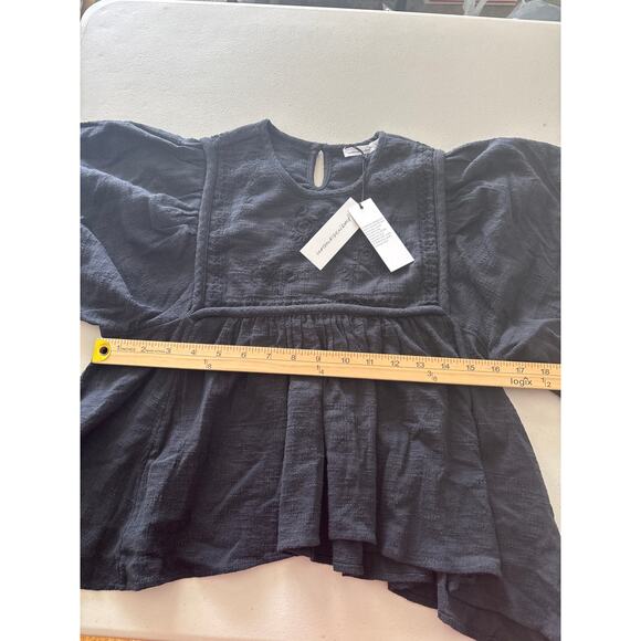 Unsubscribed Women Size 2 Black Smocked Peplum Floral Boho Sleeve Short Blouse - Picture 8 of 13